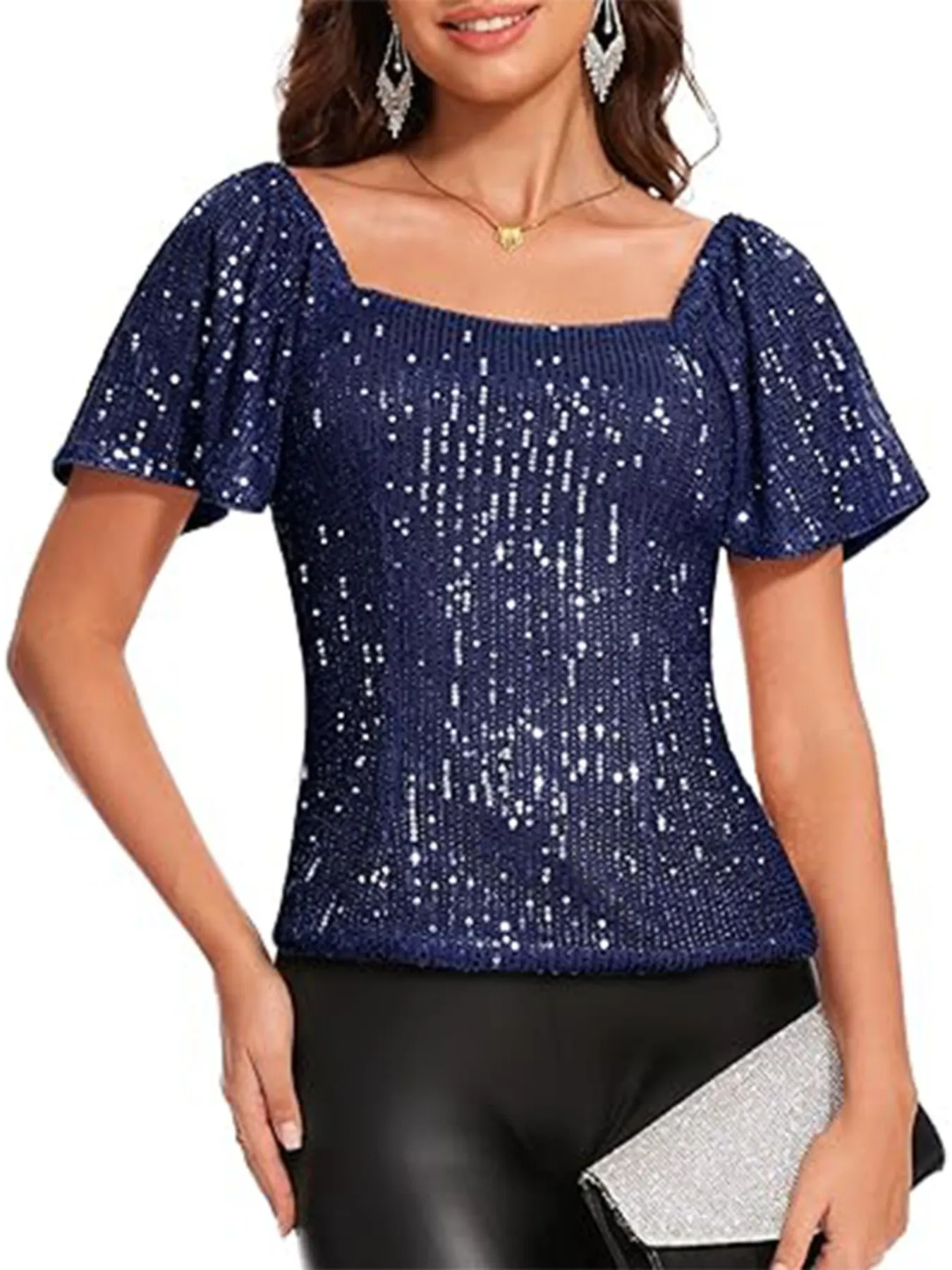 Square Neck Sequin Short Sleeve Blouse - Image 2