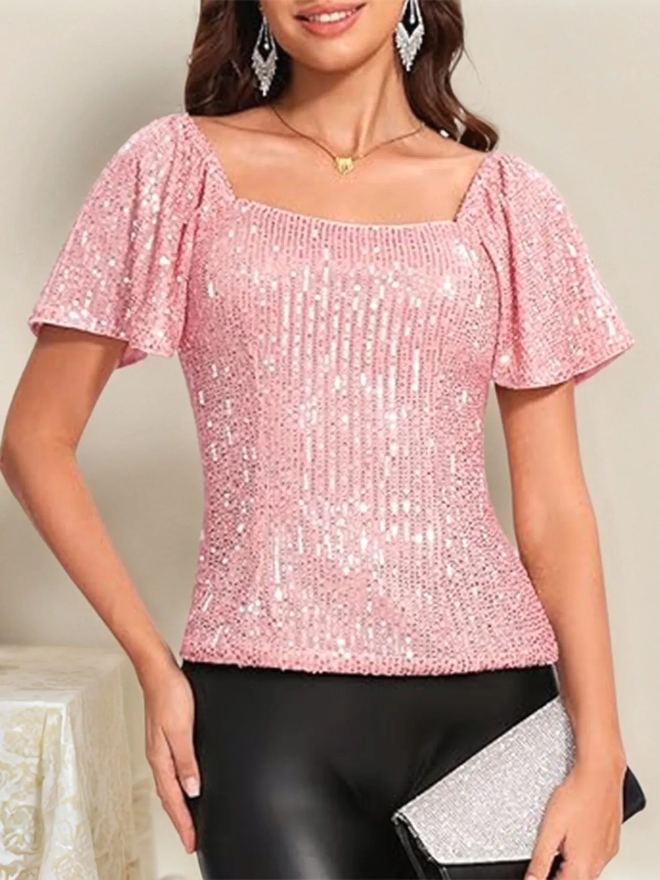 Square Neck Sequin Short Sleeve Blouse - Image 7