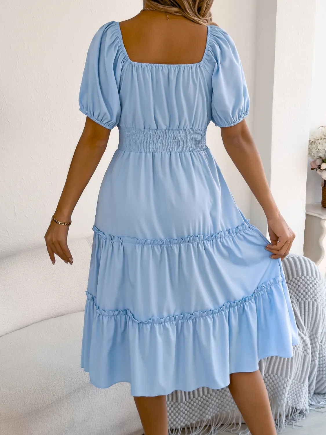 Square Neck Short Puff Sleeve Dress - Image 15
