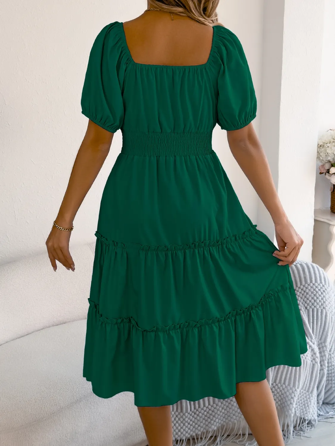 Square Neck Short Puff Sleeve Dress - Image 8