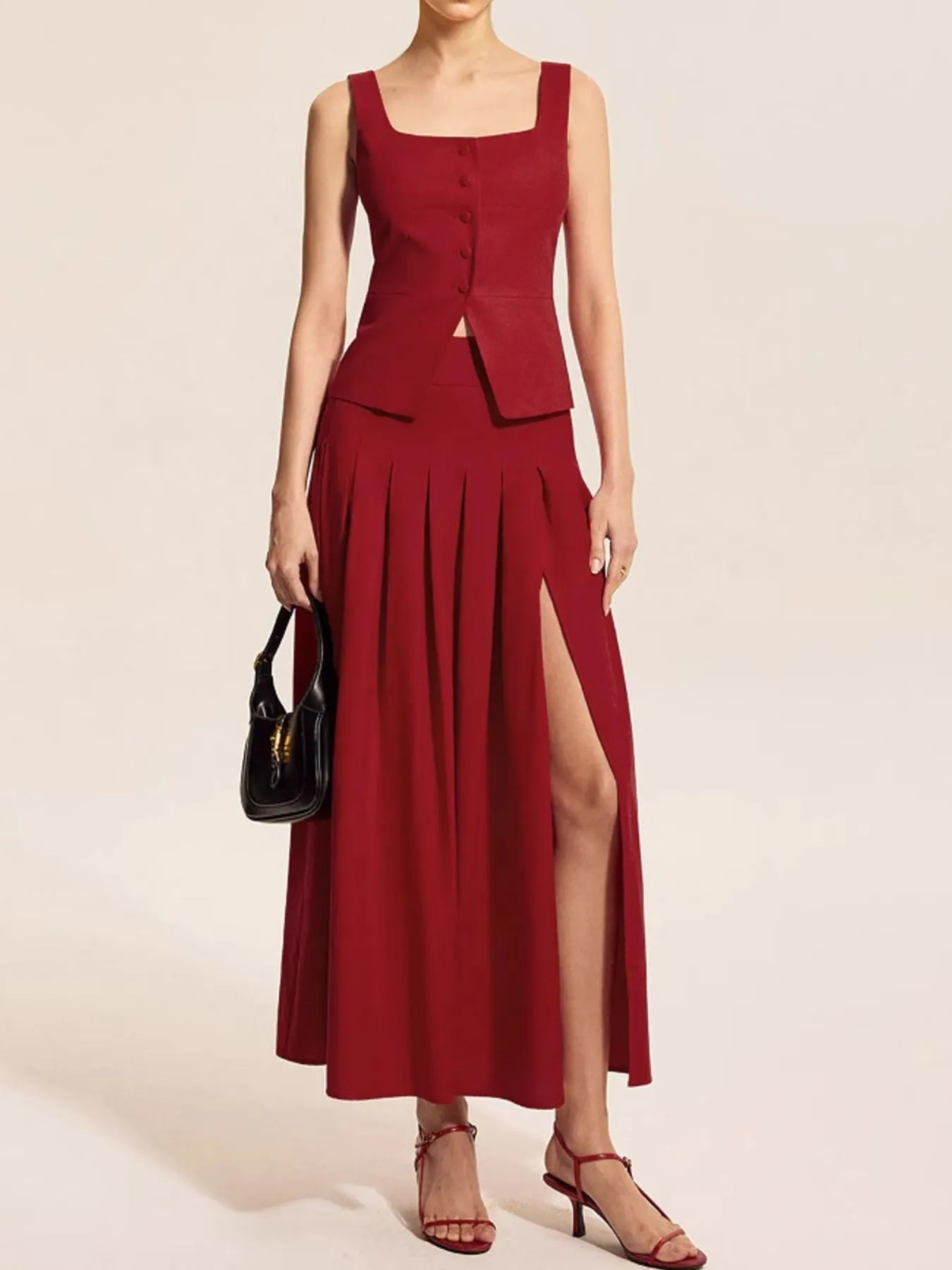Square Neck Tank and Pleated Slit Skirt Set - Image 2
