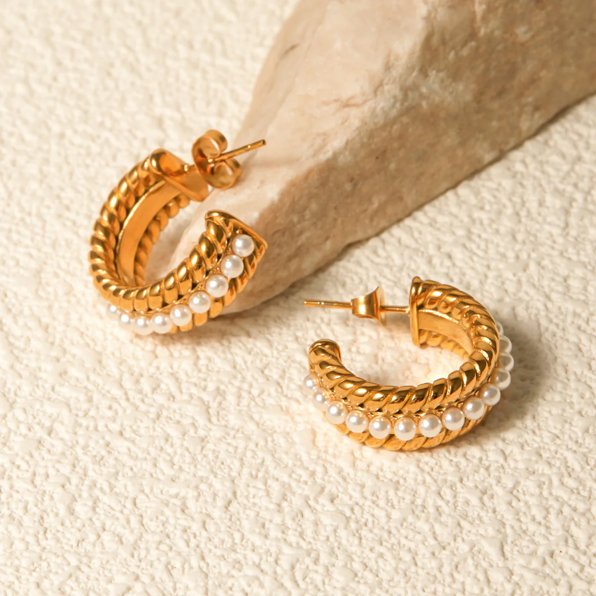 Stainless Steel Pearl C-Hoop Earrings - Image 3