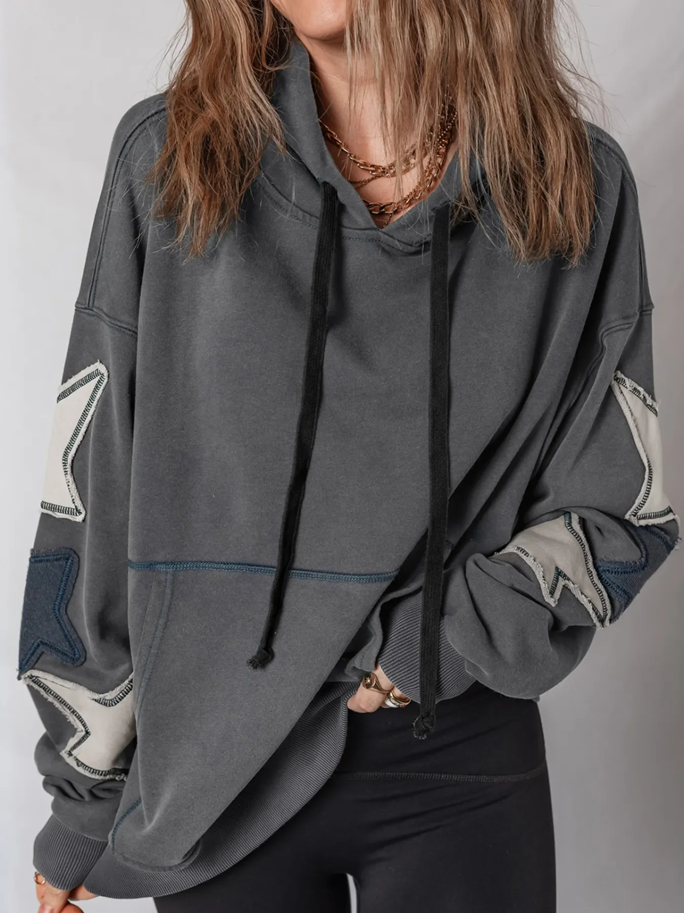 Star Patchwork Contrast Stitching Mineral Wash Kangaroo Pocket Hoodie - Image 2