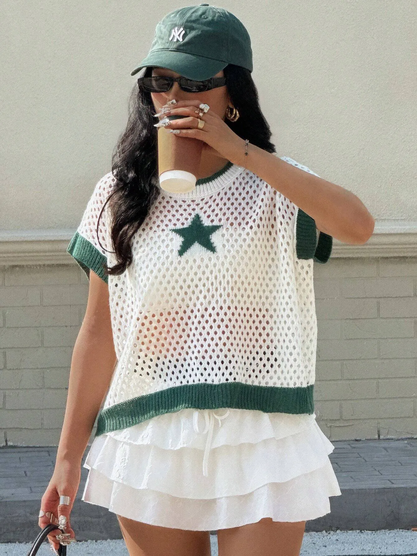 Star Pattern Mesh Knit Short Sleeve Knit Top - Image 4