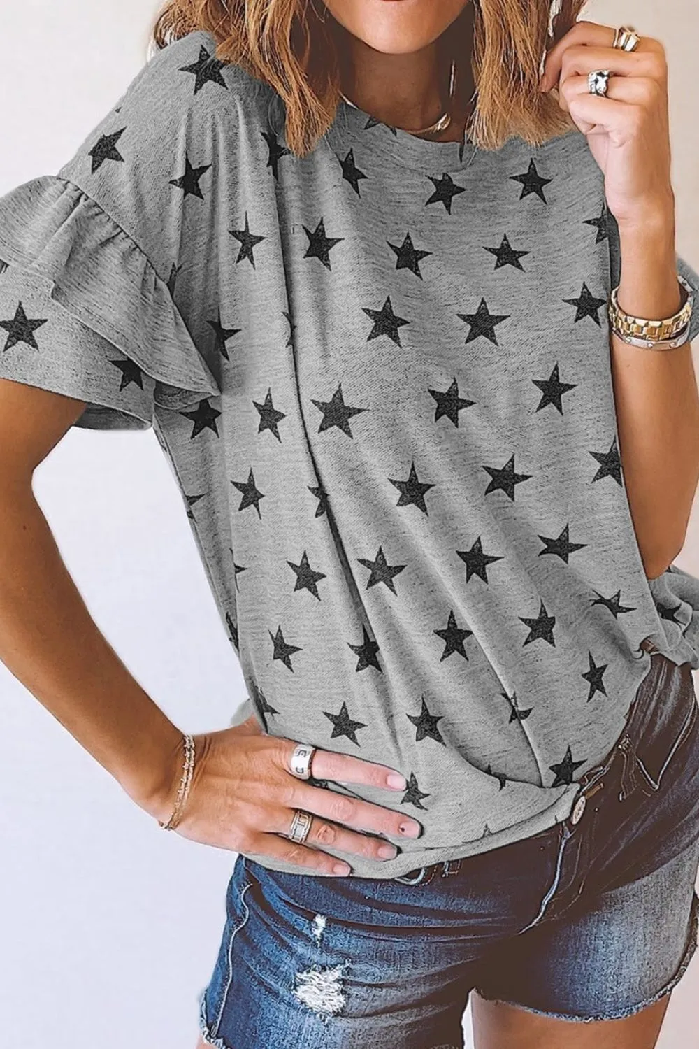 Star Print Tiered Ruffled Sleeve Crew Neck T Shirt - Image 6