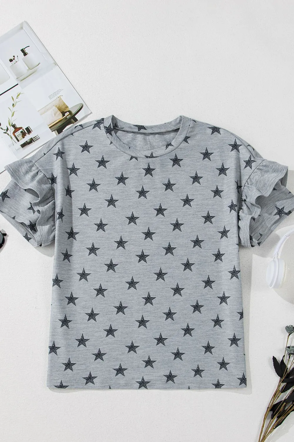 Star Print Tiered Ruffled Sleeve Crew Neck T Shirt - Image 7