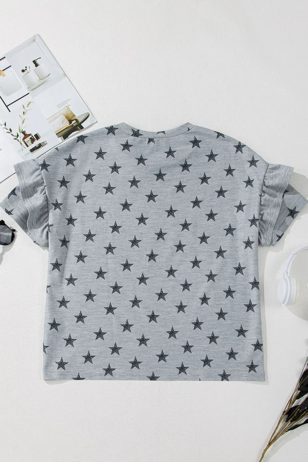 Star Print Tiered Ruffled Sleeve Crew Neck T Shirt - Image 8