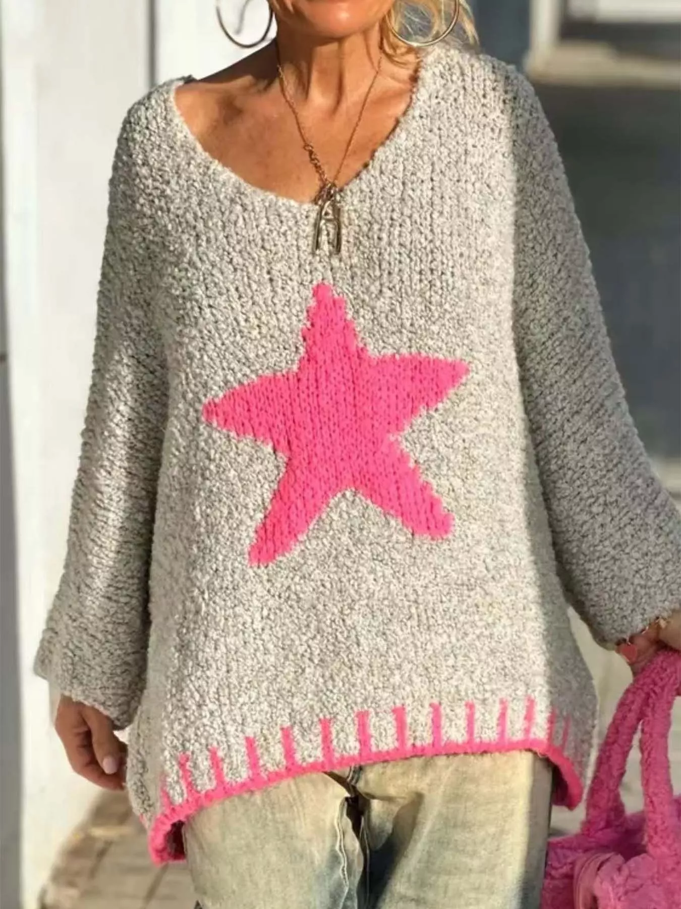Star V-Neck Long Sleeve Sweater - Image 2