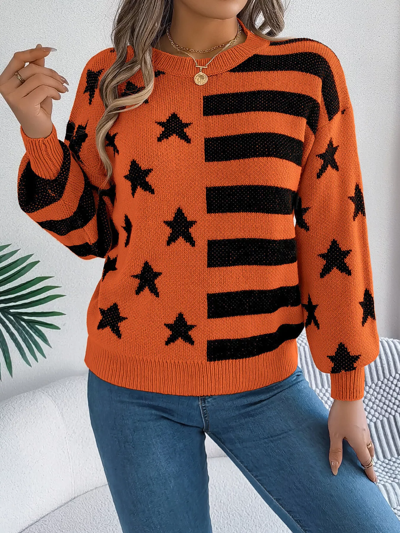 Stars and Stripes Pattern Casual Round Neck Sweater - Image 14