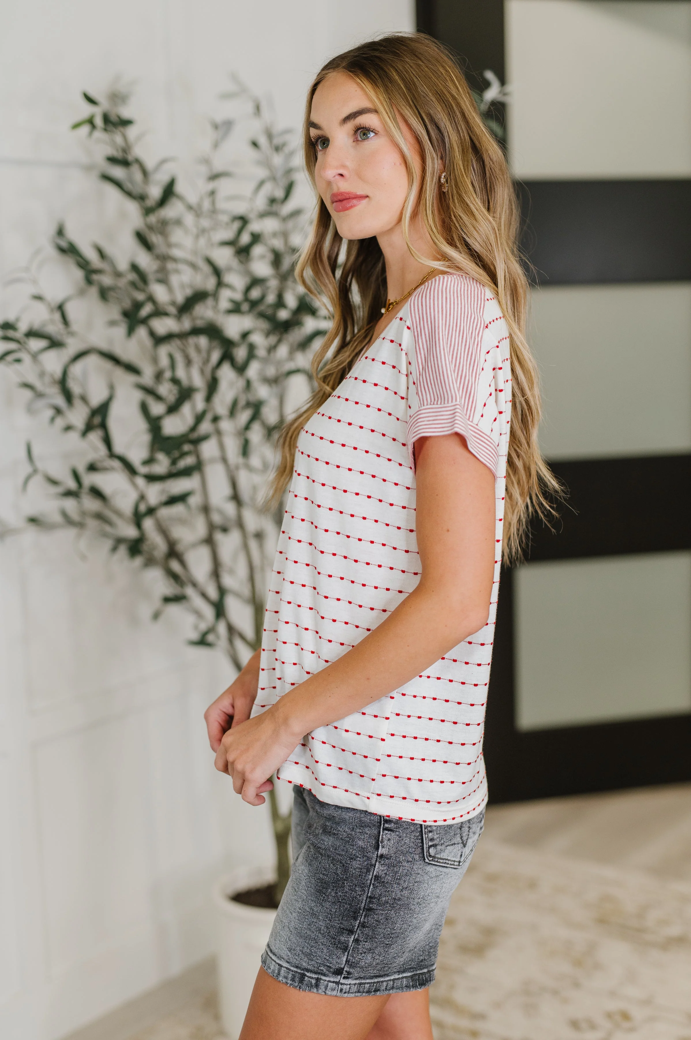 Stitched with Love V-Neck Top in Ivory and Red - Image 4