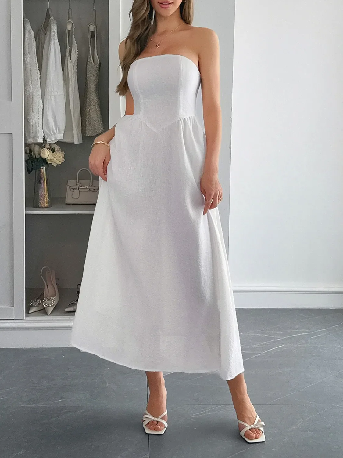 Strapless A-Line Midi Dress with Pockets - Image 5