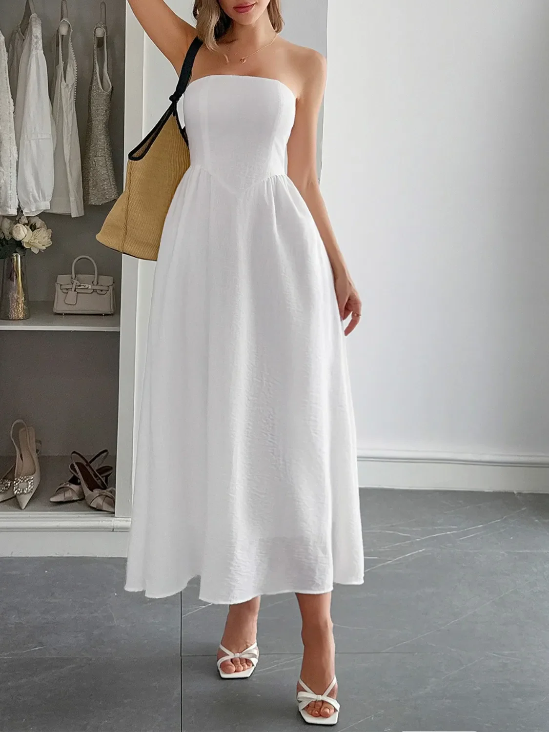 Strapless A-Line Midi Dress with Pockets - Image 6