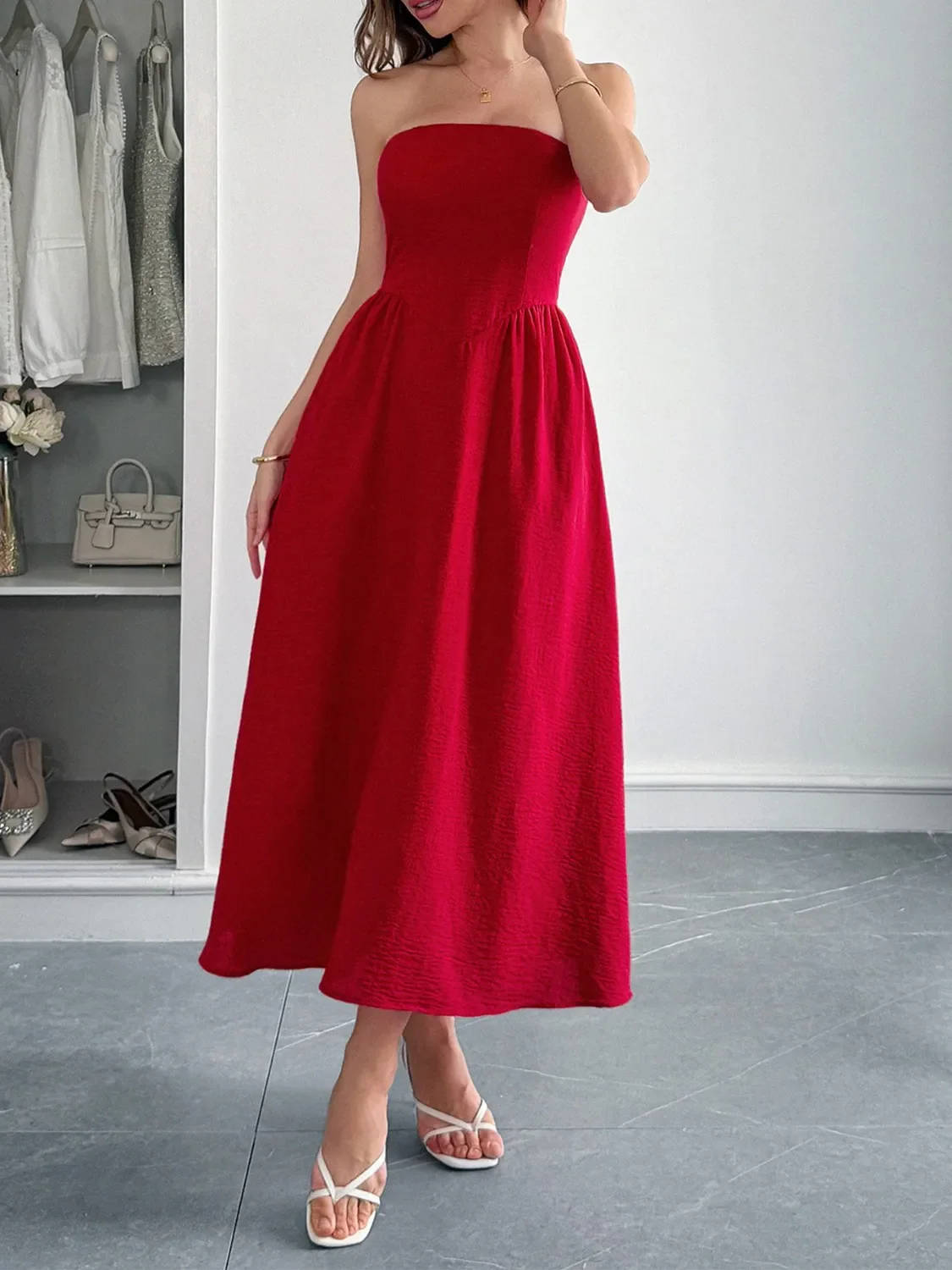 Strapless A-Line Midi Dress with Pockets - Image 8