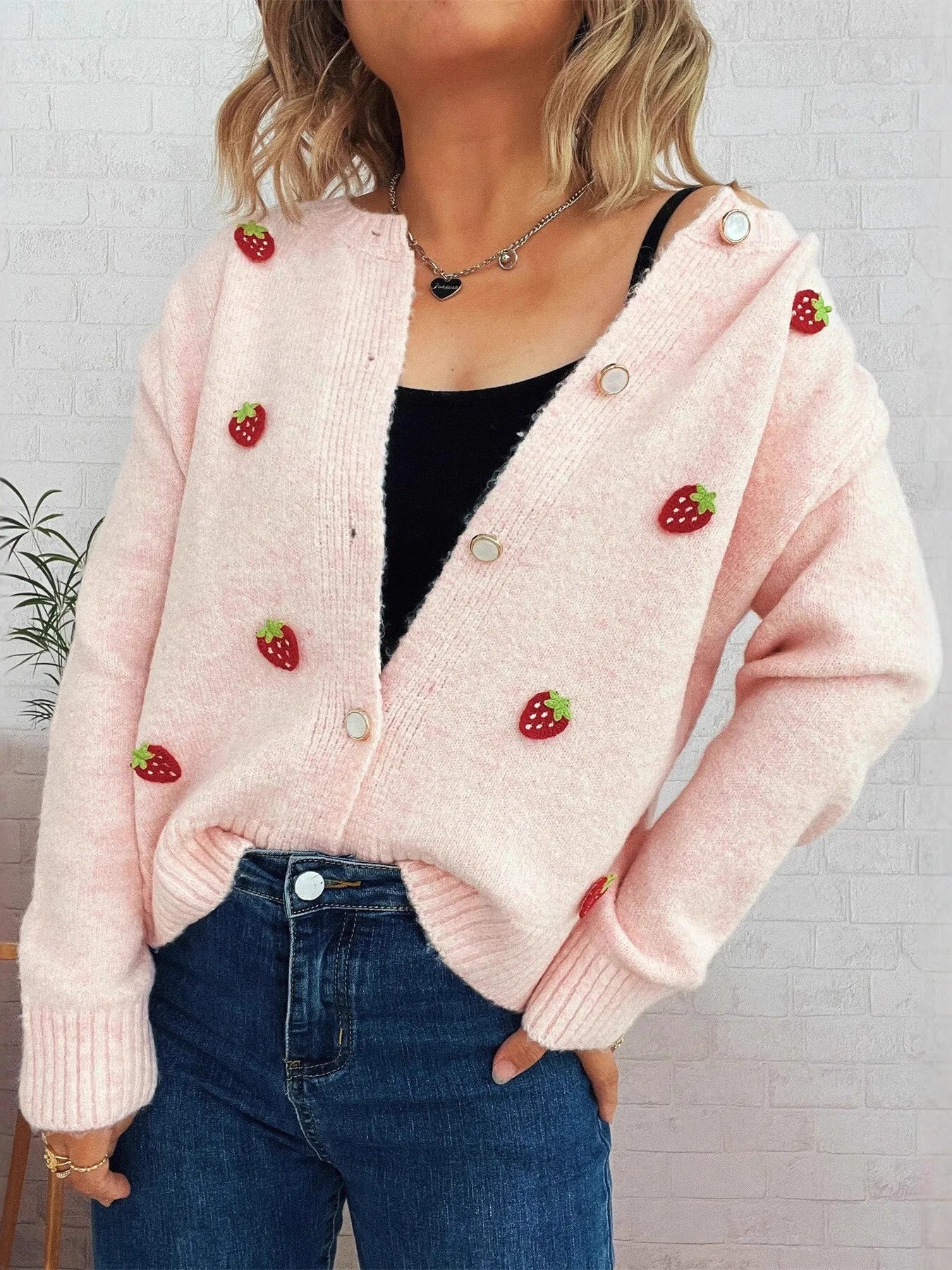 Strawberry Button Up Long Sleeve Cardigan - Image 3