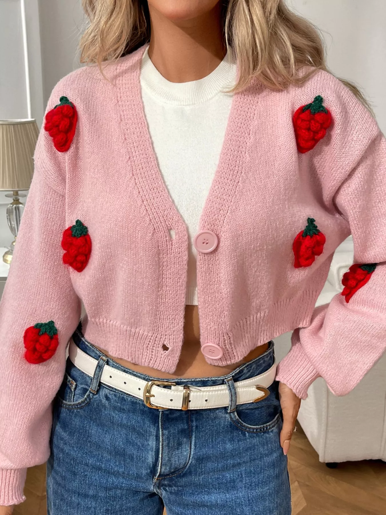 Strawberry Cropped Button-Up Cardigan - Image 13