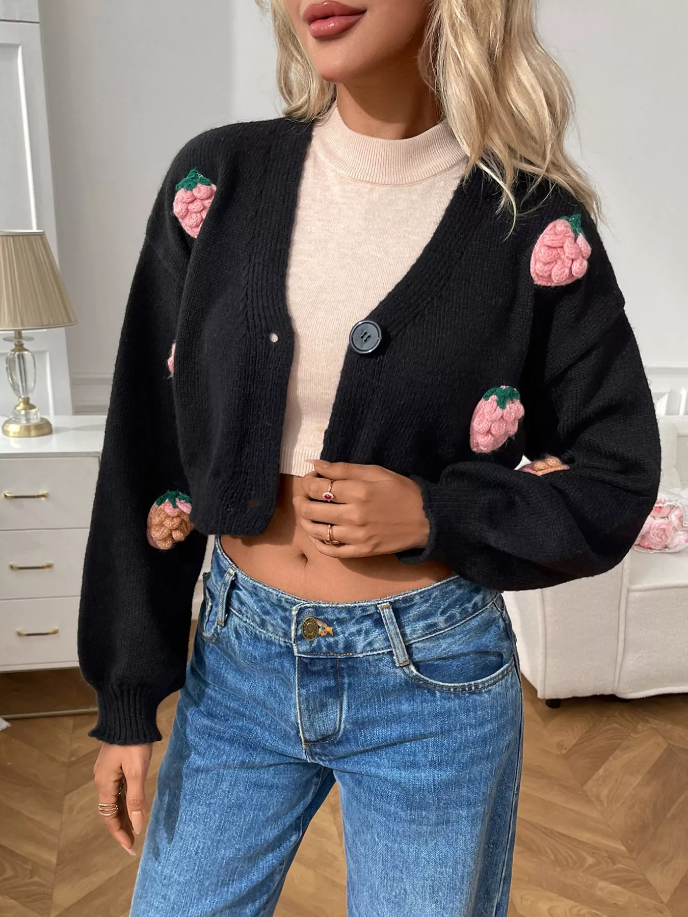 Strawberry Cropped Button-Up Cardigan - Image 16