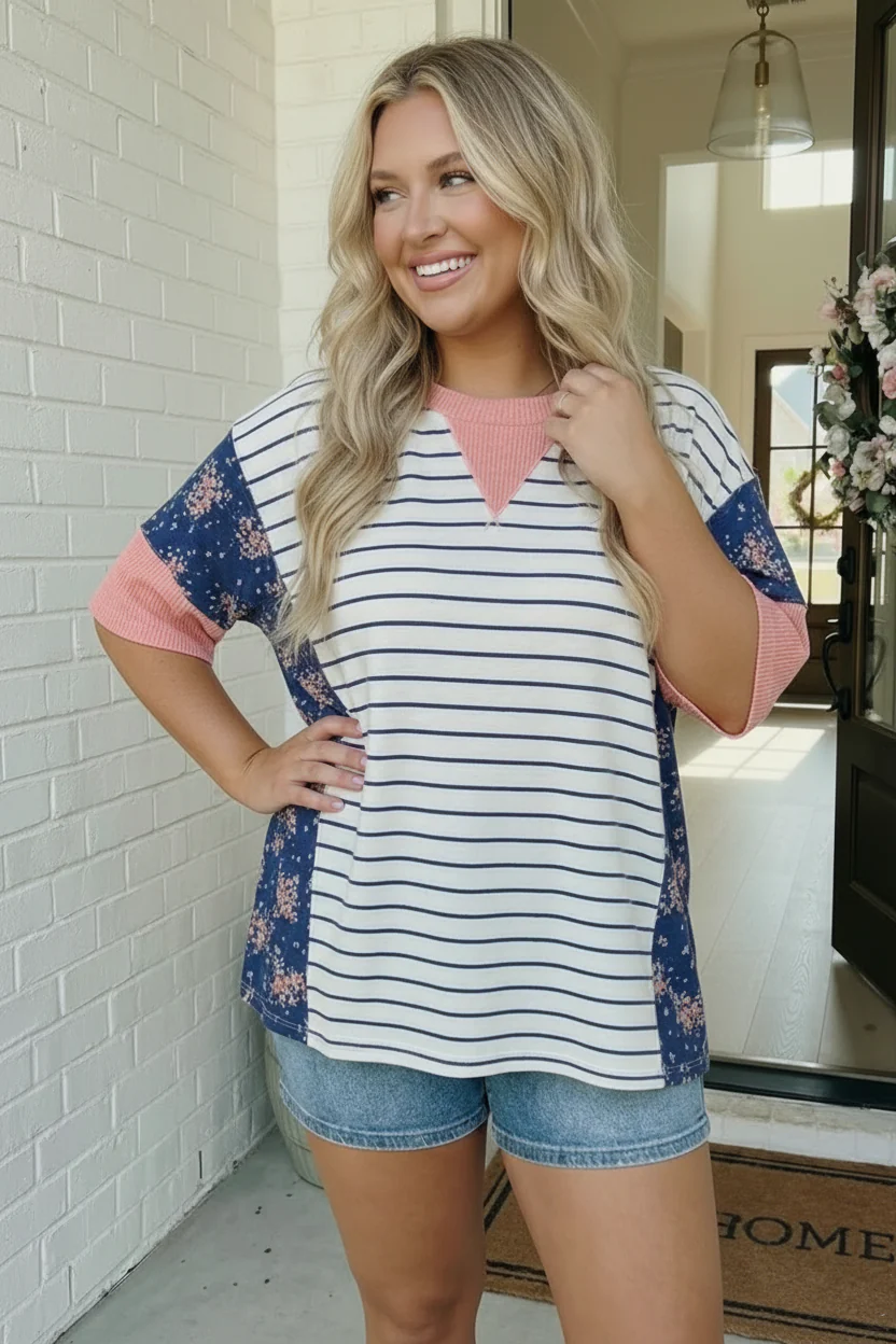 Stripe and Floral Mixed Media Oversized Top - Image 10