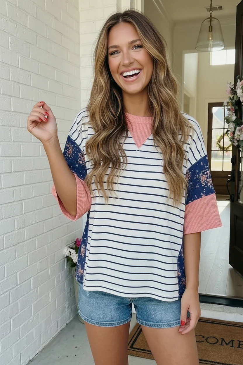 Stripe and Floral Mixed Media Oversized Top - Image 4