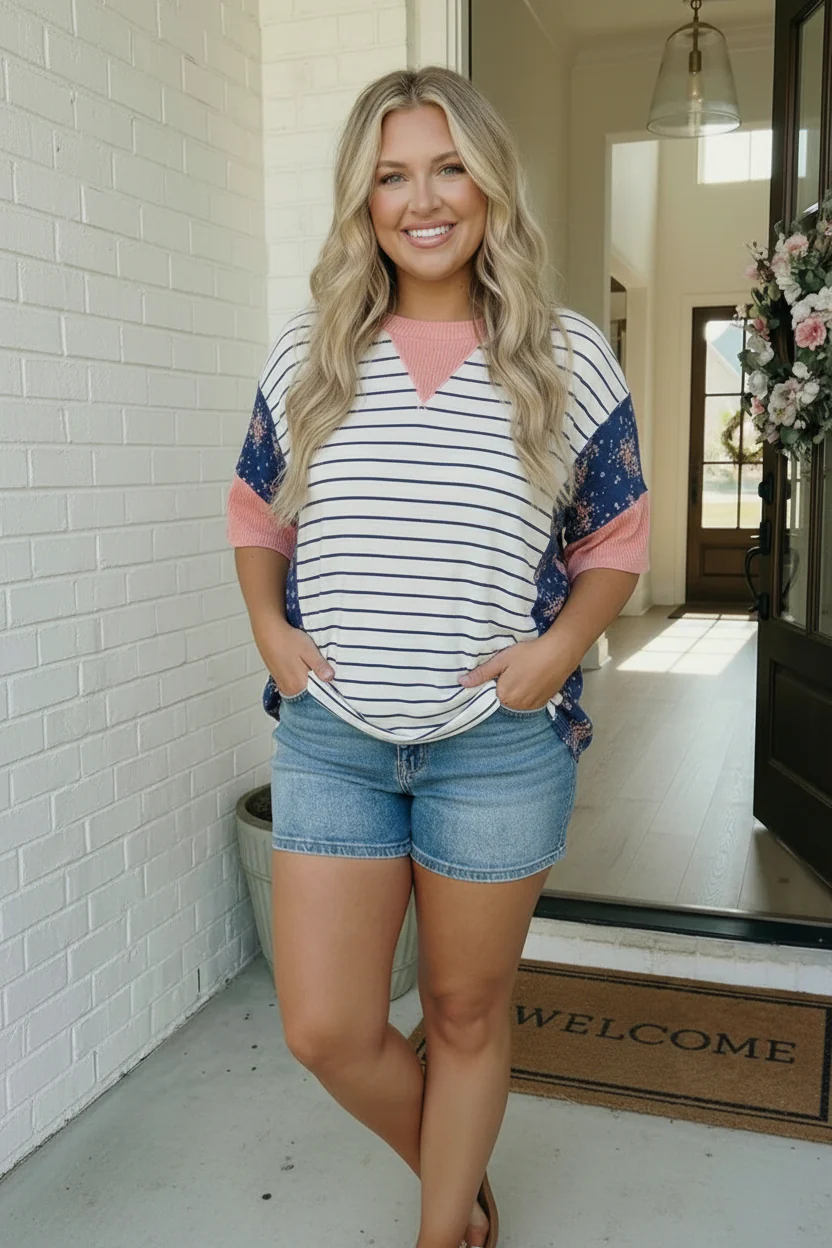 Stripe and Floral Mixed Media Oversized Top - Image 7