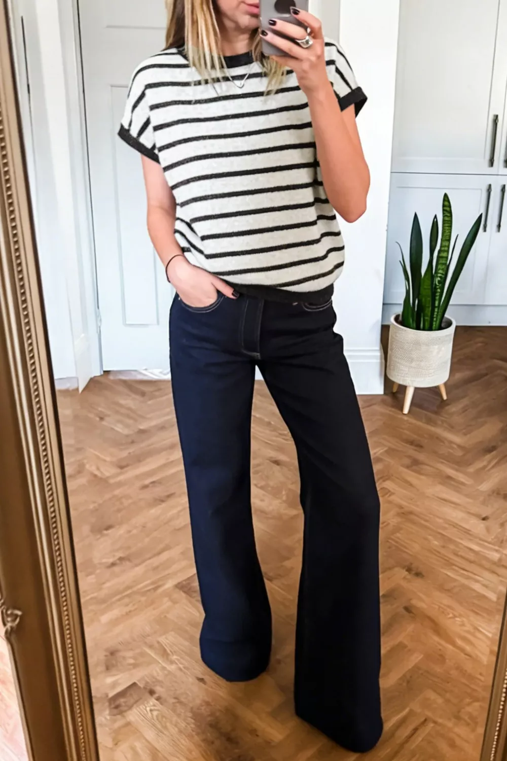 Stripe Bow Applique Short Sleeve Sweater - Image 3