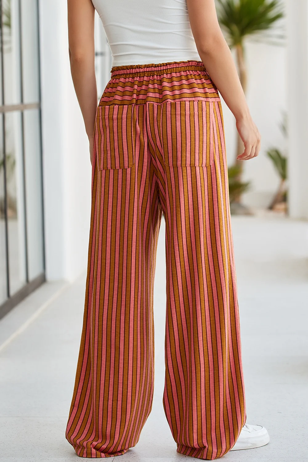 Stripe Button Pocket Tie Waist Casual Wide Leg Pants - Image 2