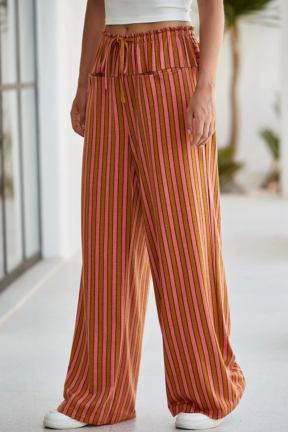 Stripe Button Pocket Tie Waist Casual Wide Leg Pants - Image 3