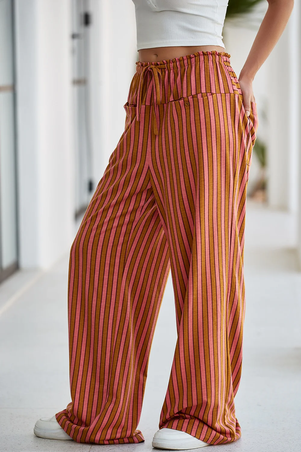 Stripe Button Pocket Tie Waist Casual Wide Leg Pants - Image 4
