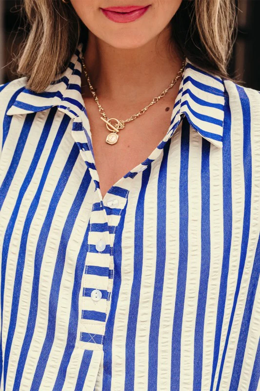 Stripe Buttoned Collar Side Pockets Mini Dress - Image 10
