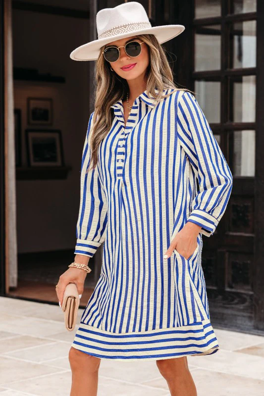 Stripe Buttoned Collar Side Pockets Mini Dress - Image 6