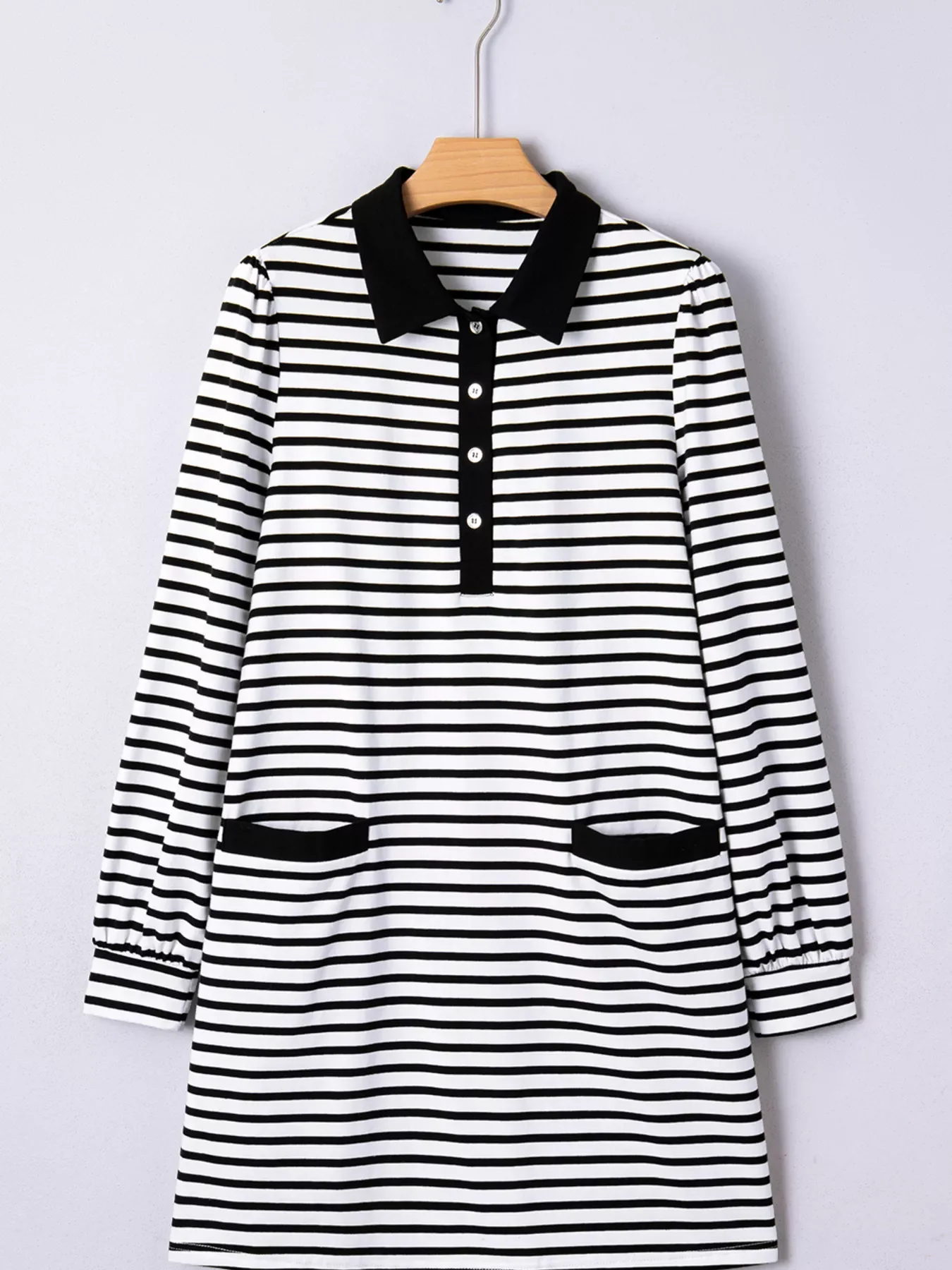 Stripe Buttoned Front Collared Long Sleeve T Shirt Dress with Pockets - Image 2
