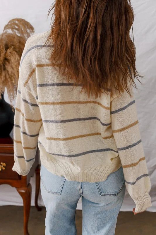 Stripe Buttoned V-Neck Cardigan Sweater - Image 2