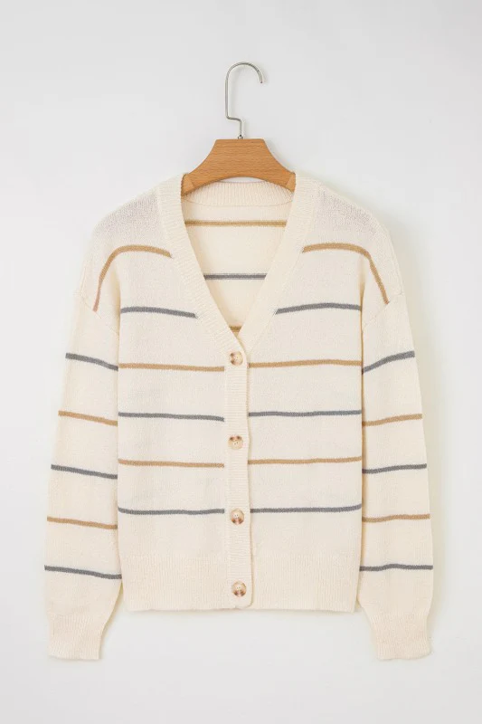 Stripe Buttoned V-Neck Cardigan Sweater - Image 3