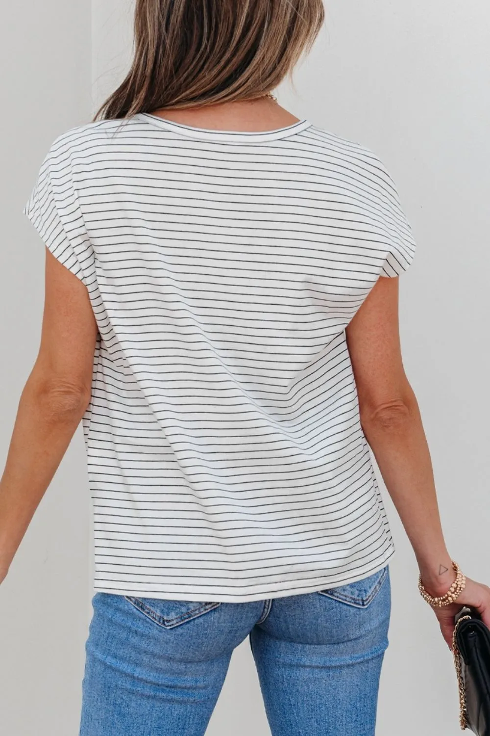 Stripe Cap Sleeve Crew Neck Casual Tee with Chest Pocket - Image 2