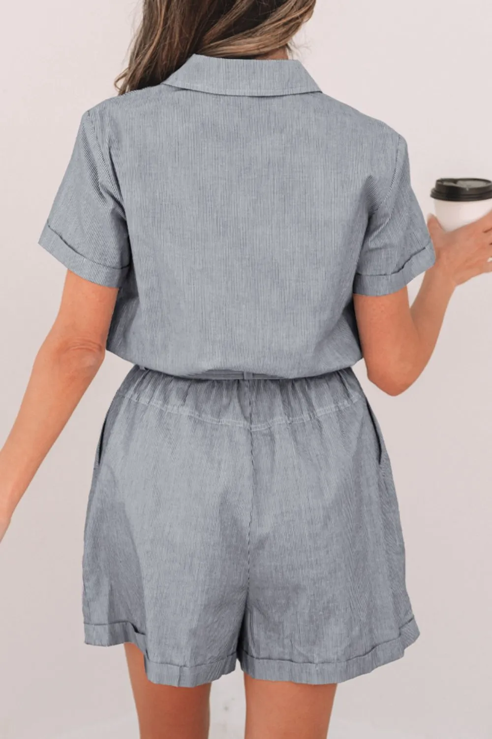 Stripe Chest Pockets Tie Waist Romper - Image 2