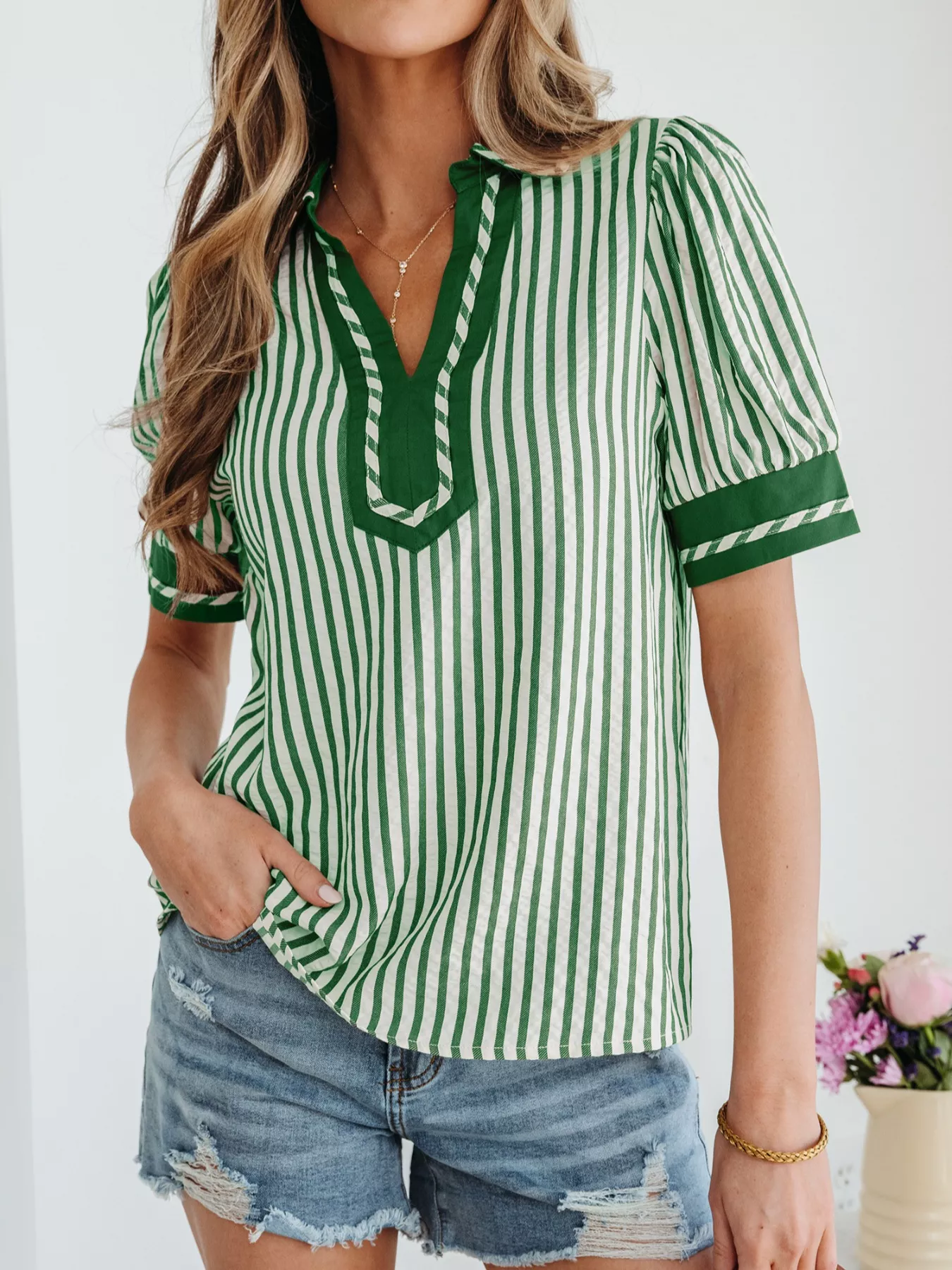Stripe Collared Split Neck Short Bubble Sleeve Blouse - Image 2