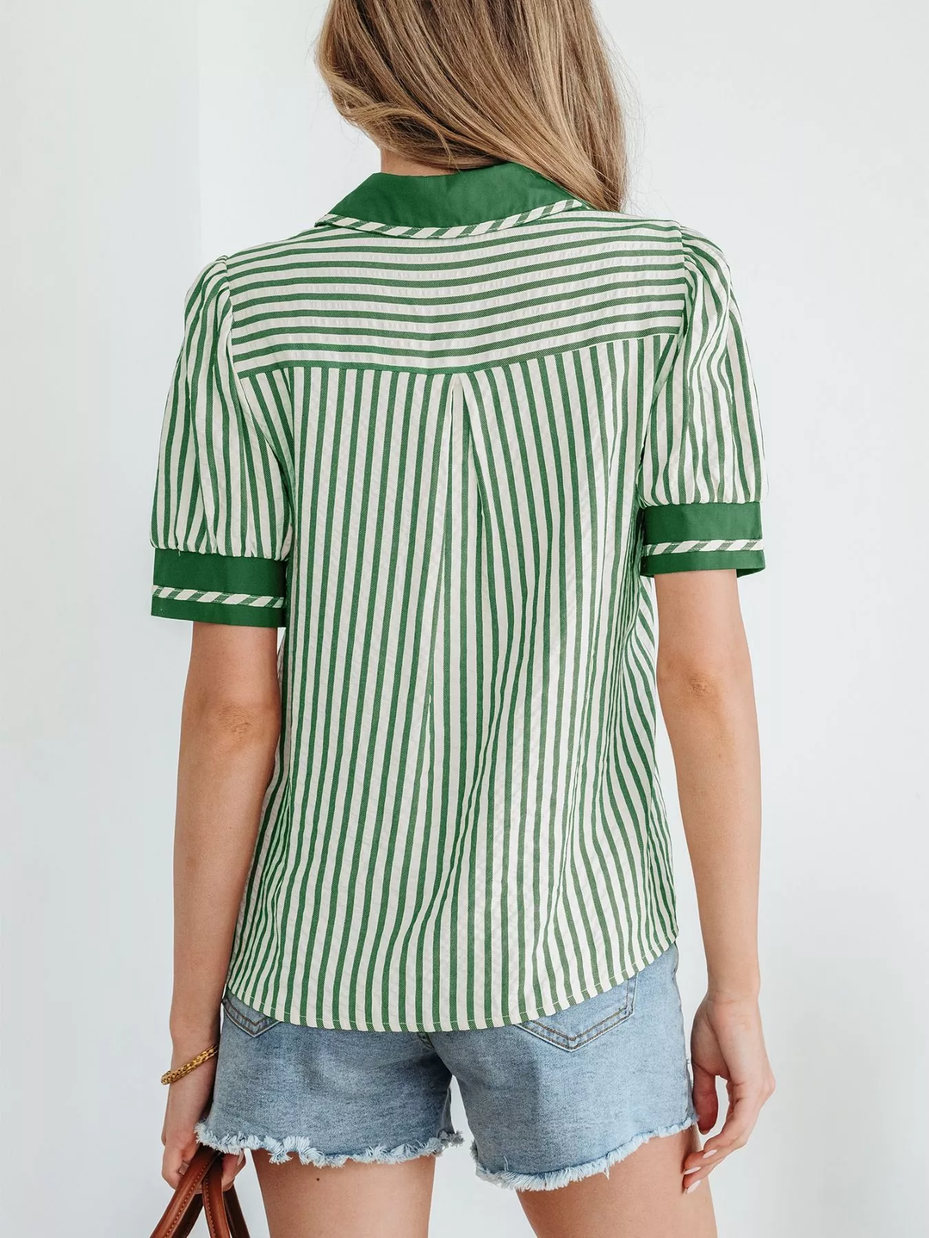 Stripe Collared Split Neck Short Bubble Sleeve Blouse - Image 3