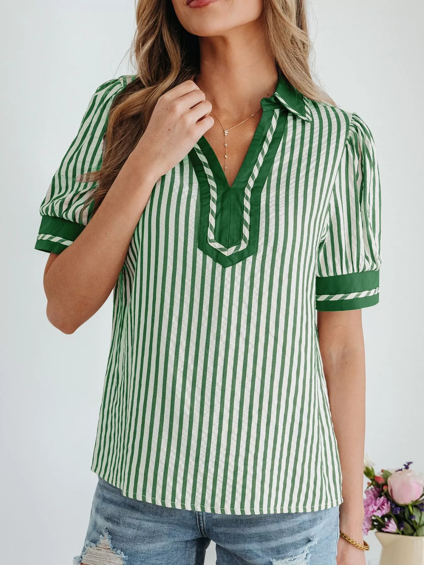Stripe Collared Split Neck Short Bubble Sleeve Blouse - Image 4