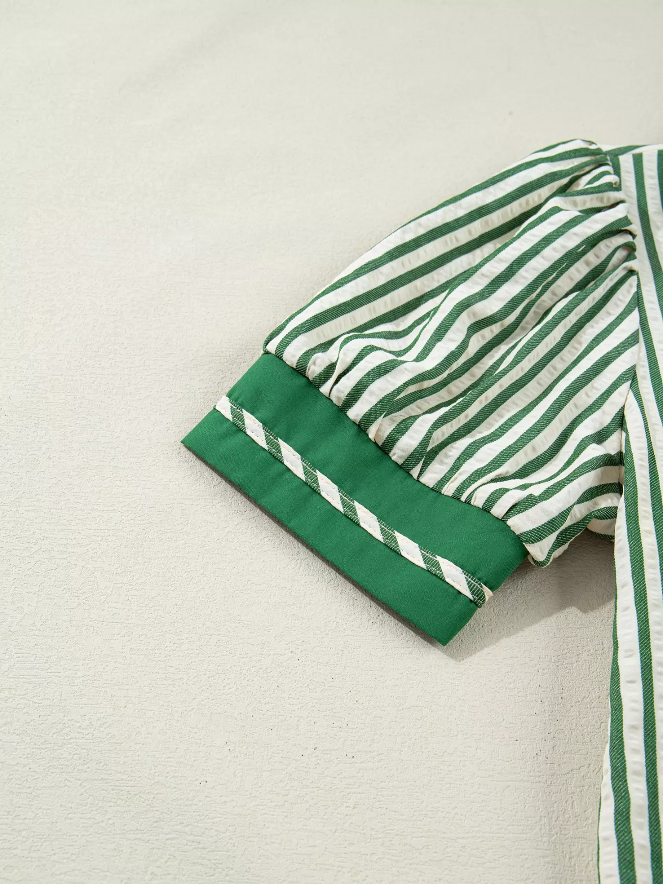 Stripe Collared Split Neck Short Bubble Sleeve Blouse - Image 7