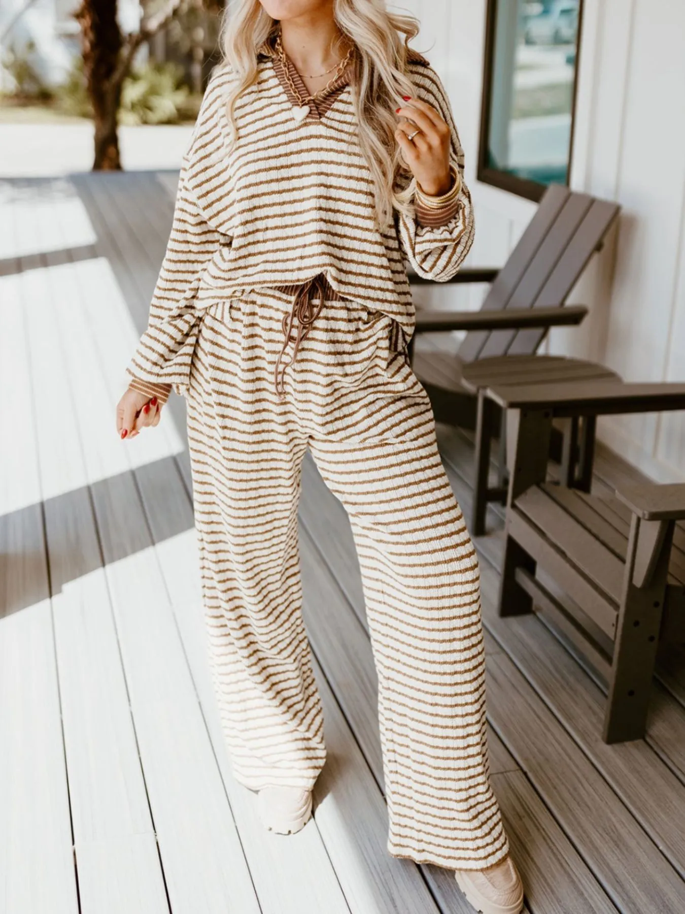Stripe Collared Top and Drawstring Pant Set - Image 2