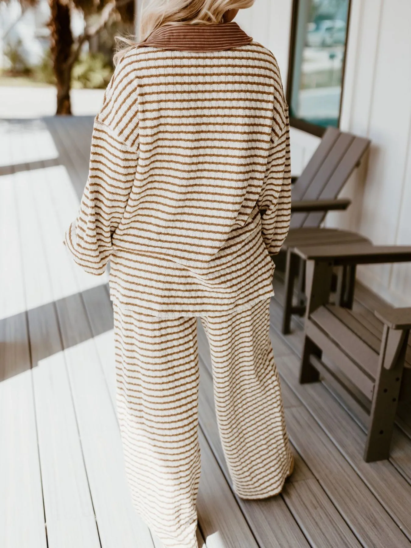 Stripe Collared Top and Drawstring Pant Set - Image 3