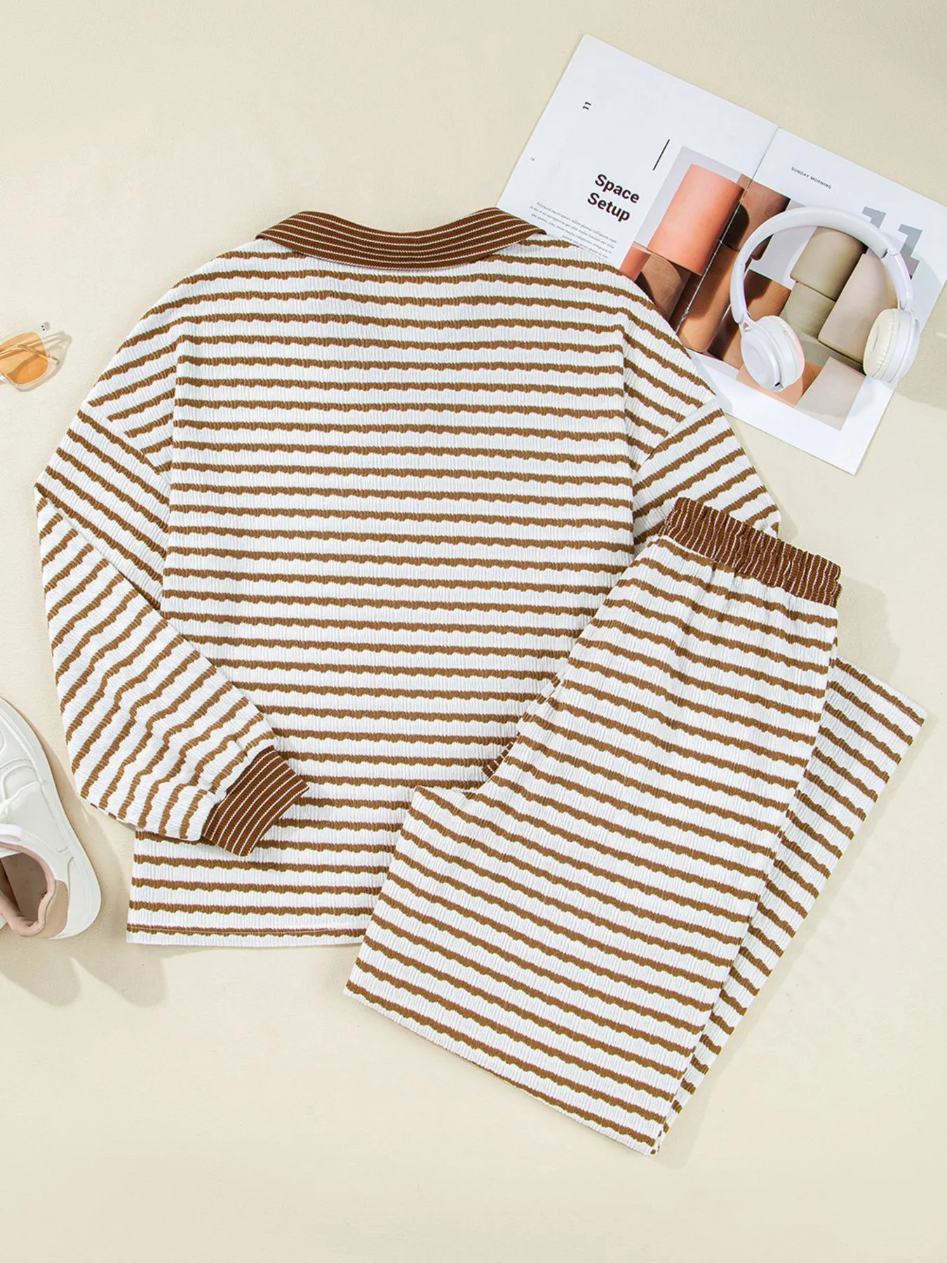 Stripe Collared Top and Drawstring Pant Set - Image 8