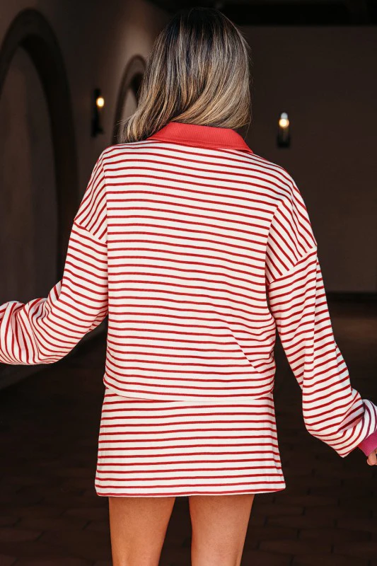 Stripe Collared V-Neck Pullover and Skort Set - Image 2