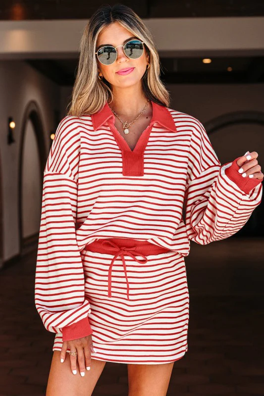 Stripe Collared V-Neck Pullover and Skort Set - Image 4