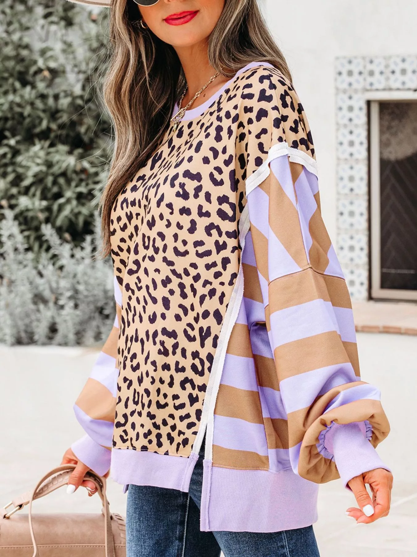 Stripe Color Block Patchwork Leopard Casual Sweatshirt with Slits - Image 4