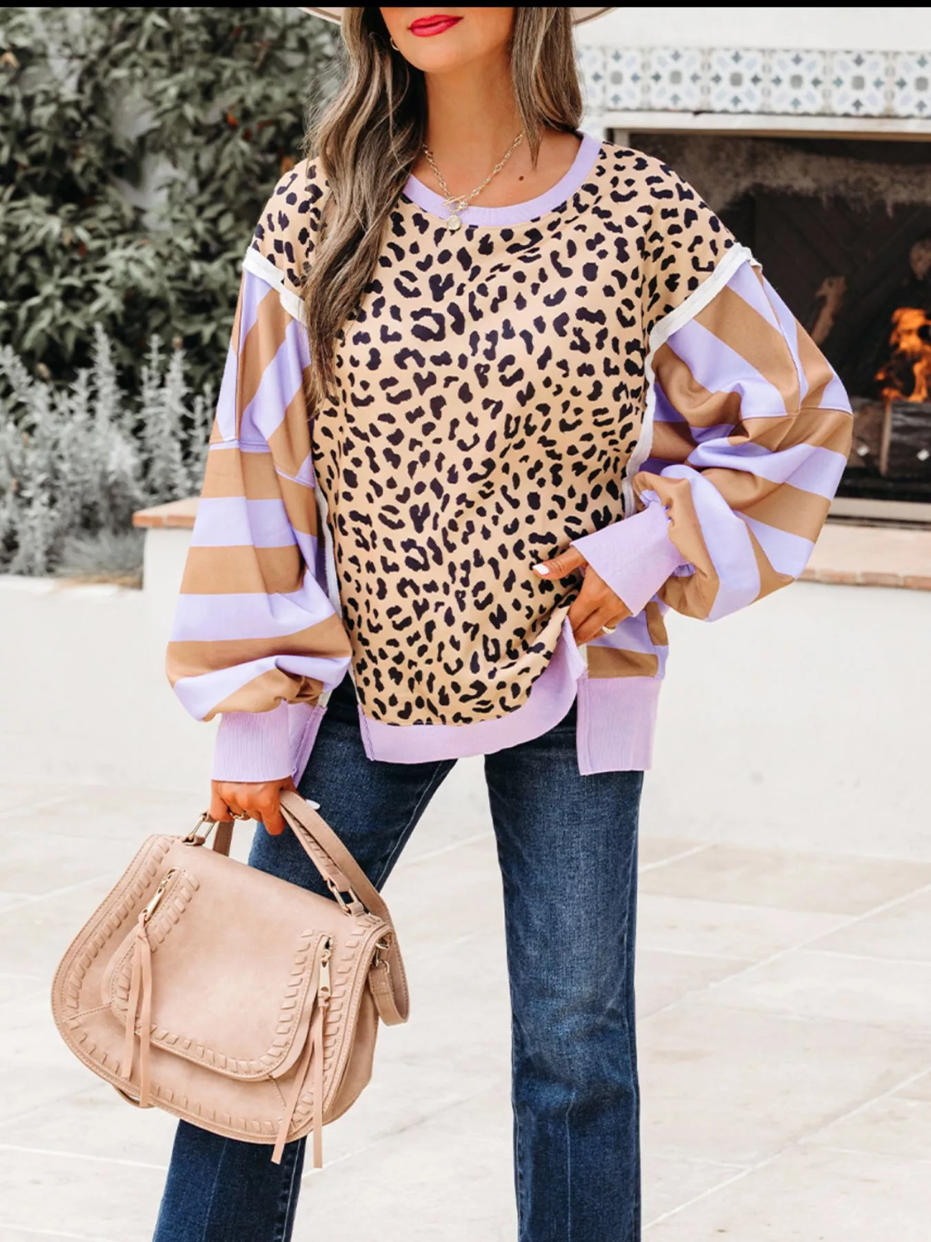 Stripe Color Block Patchwork Leopard Casual Sweatshirt with Slits - Image 5