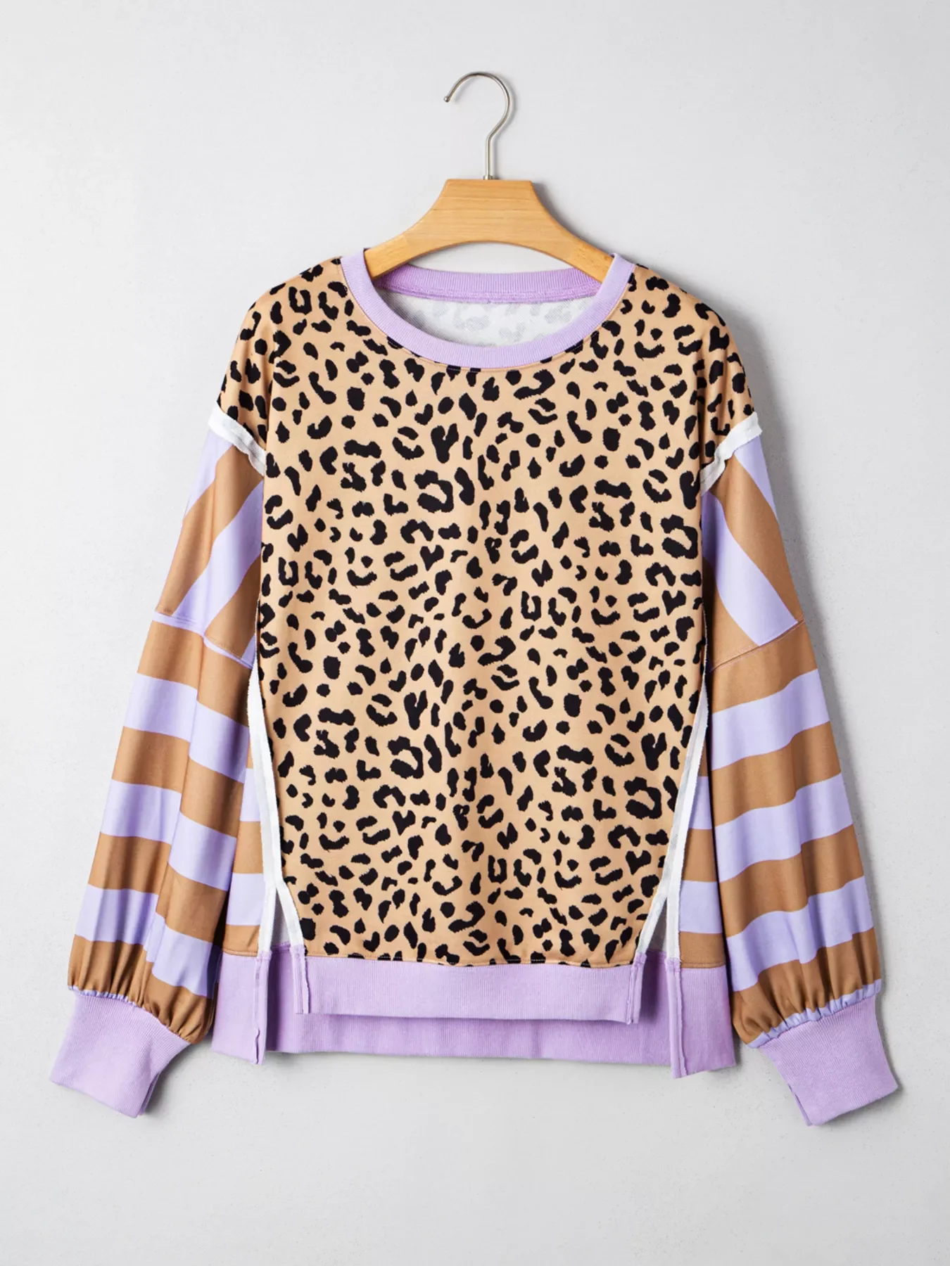 Stripe Color Block Patchwork Leopard Casual Sweatshirt with Slits - Image 7