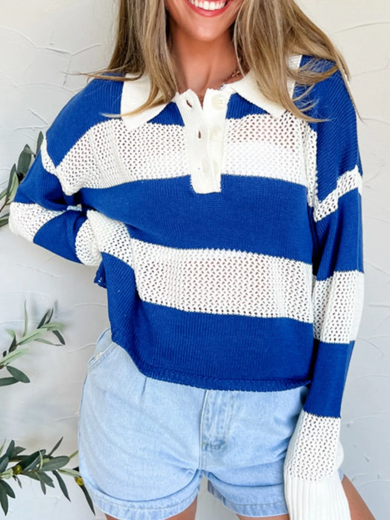Stripe Colorblock Polo Collar Crochet Knitted Cover Up - Image 2