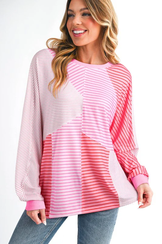 Stripe Colorblock Reverse Seam Long Sleeve Top - Image 2