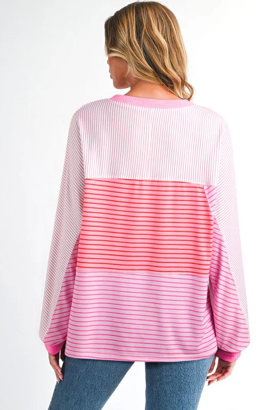 Stripe Colorblock Reverse Seam Long Sleeve Top - Image 3
