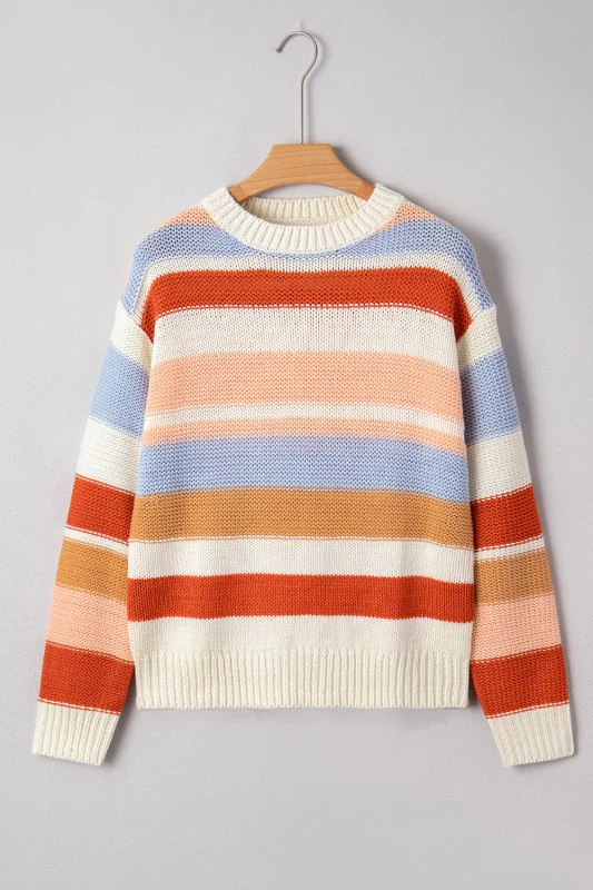 Stripe Colorblock Round Neck Drop Shoulder Sweater - Image 6